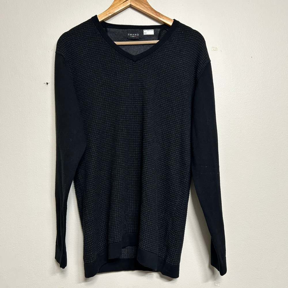 Umano Mens V-Neck Sweater Cotton Wool Blend Waffle Knit Charcoal Black L